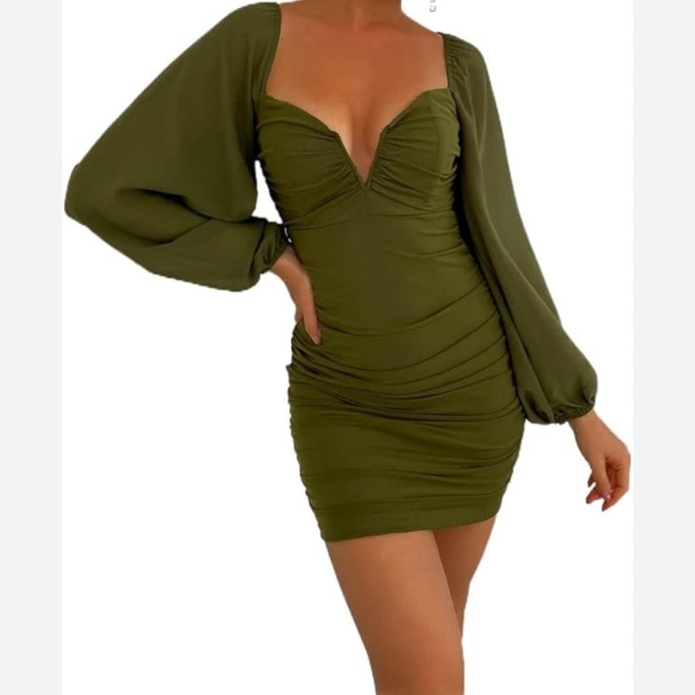 Olive green scrunch dress with bell sleeves